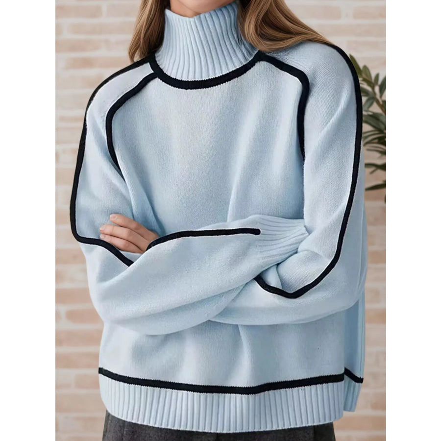 Contrast Trim Turtleneck Sweater Light Blue / S Apparel and Accessories