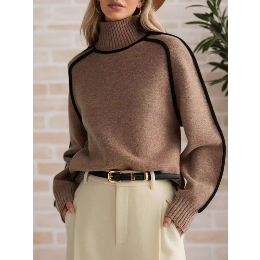 Contrast Trim Turtleneck Sweater Taupe / S Apparel and Accessories