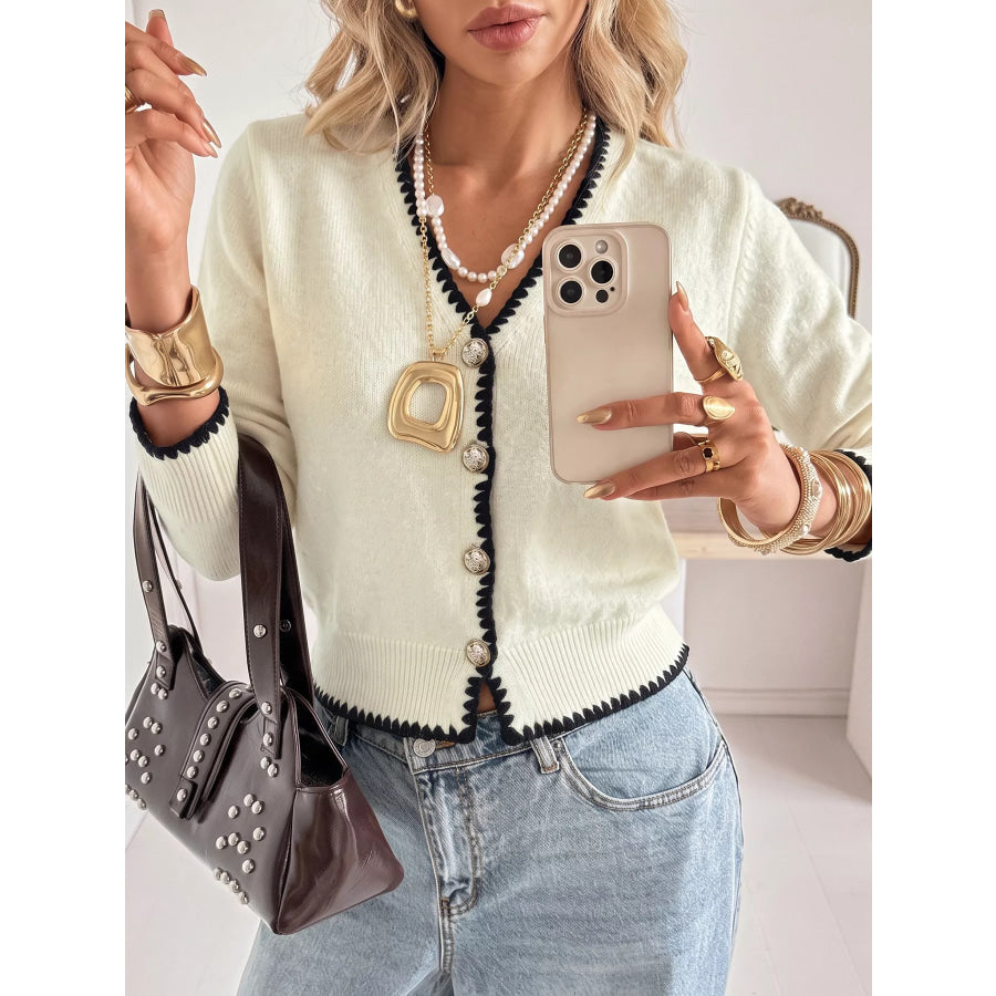 Contrast Trim V-Neck Button-Down Cardigan Apparel and Accessories