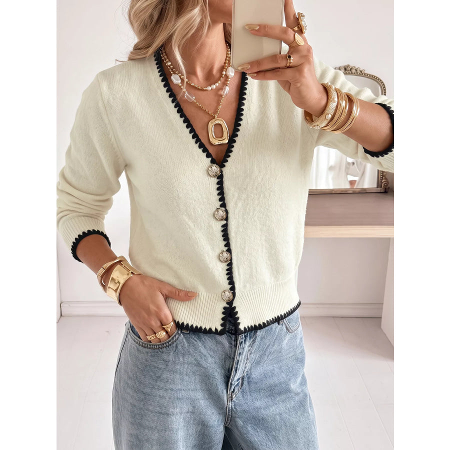 Contrast Trim V-Neck Button-Down Cardigan Apparel and Accessories