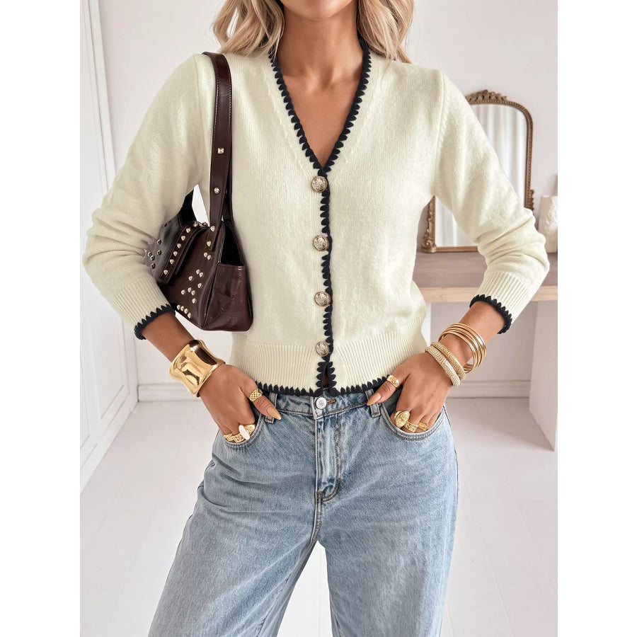 Contrast Trim V-Neck Button-Down Cardigan Apparel and Accessories