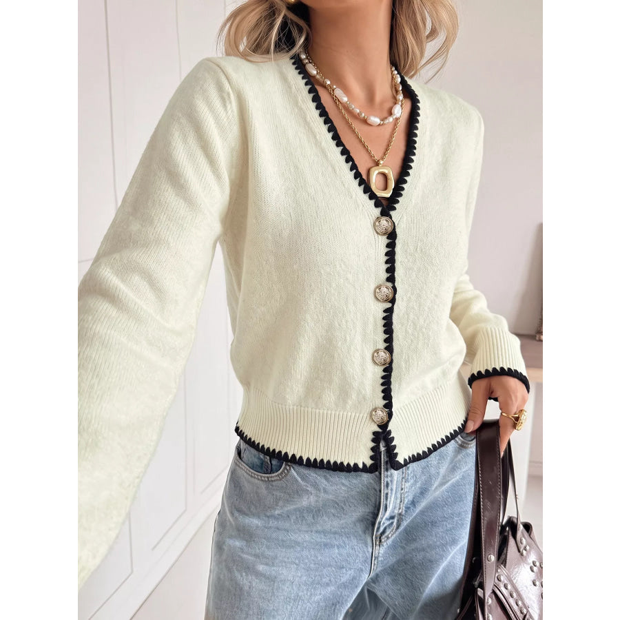 Contrast Trim V-Neck Button-Down Cardigan Apparel and Accessories
