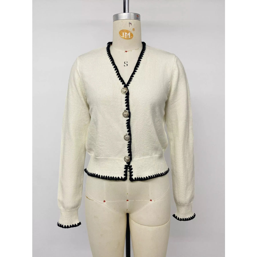 Contrast Trim V-Neck Button-Down Cardigan Apparel and Accessories