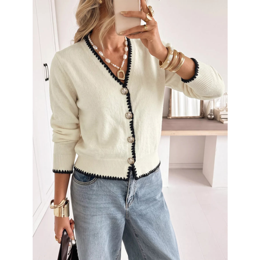 Contrast Trim V-Neck Button-Down Cardigan Beige / S Apparel and Accessories