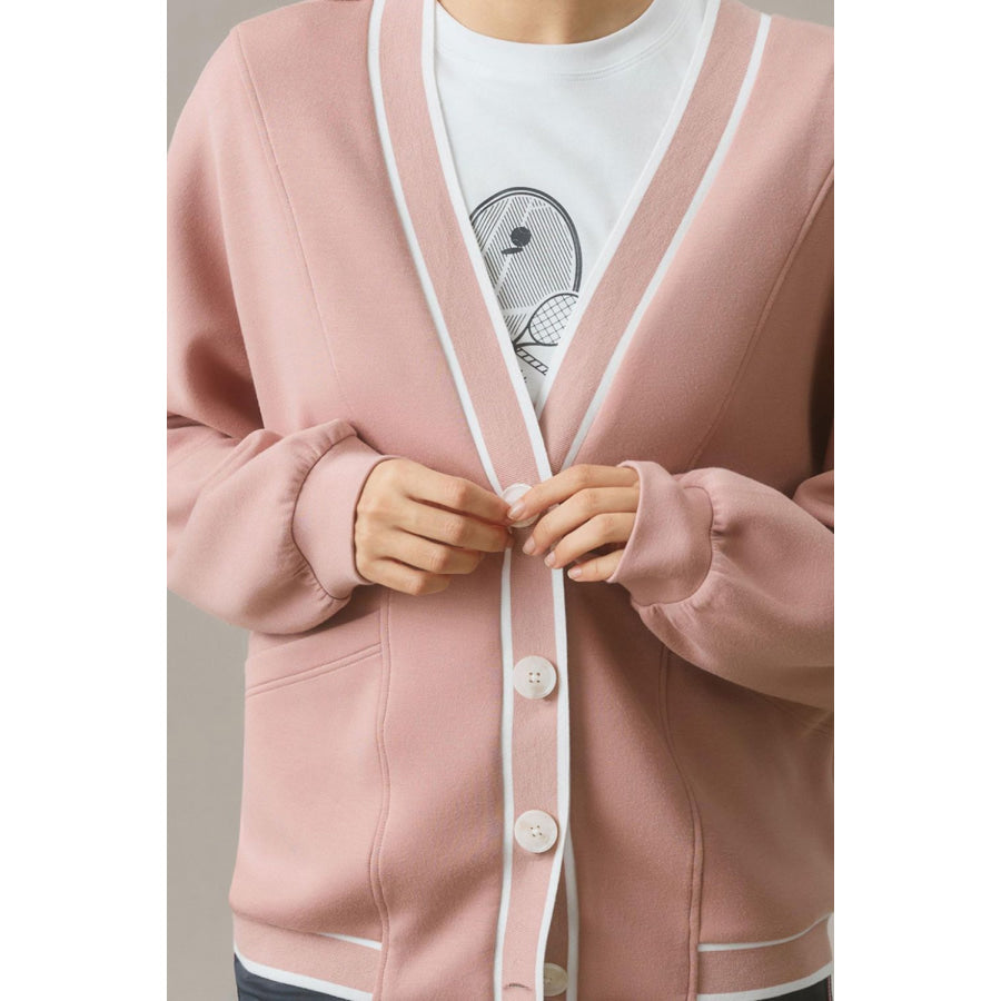 Contrast Trim V Neck Button Up Cardigan Apparel and Accessories