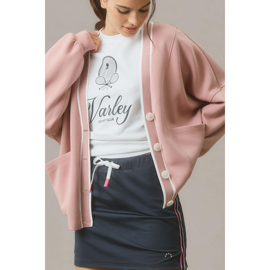 Contrast Trim V Neck Button Up Cardigan Dusty Pink / S Apparel and Accessories