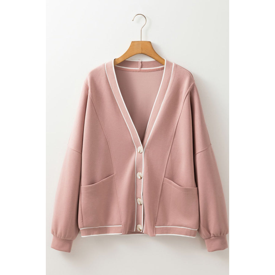 Contrast Trim V Neck Button Up Cardigan Apparel and Accessories