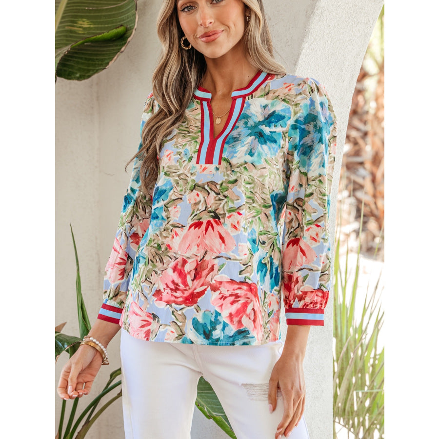 Contrast Trim V Neck Cuffed Bracelet Sleeve Floral Blouse Apparel and Accessories