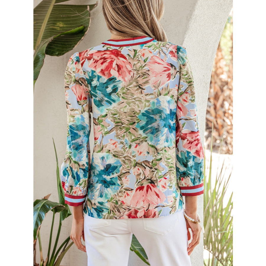 Contrast Trim V Neck Cuffed Bracelet Sleeve Floral Blouse Apparel and Accessories