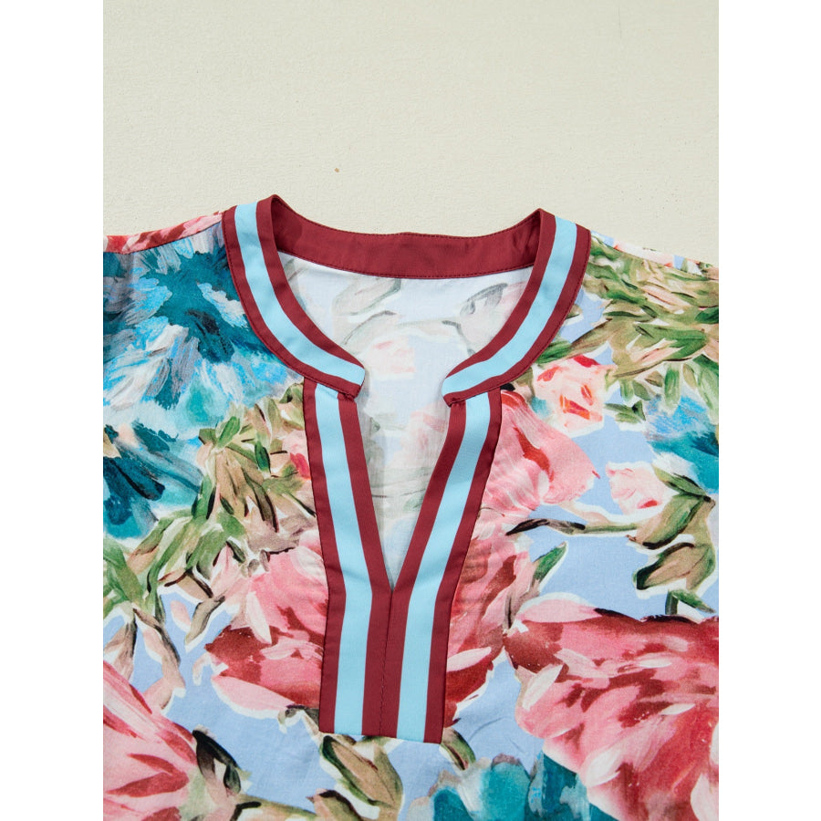 Contrast Trim V Neck Cuffed Bracelet Sleeve Floral Blouse Apparel and Accessories