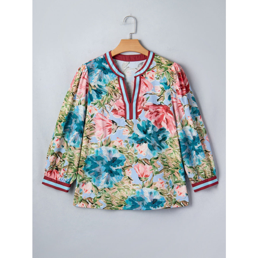 Contrast Trim V Neck Cuffed Bracelet Sleeve Floral Blouse Apparel and Accessories