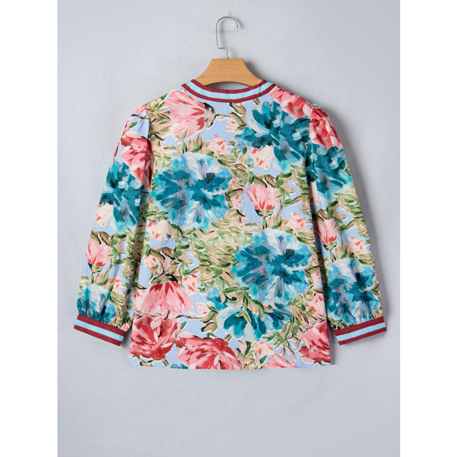 Contrast Trim V Neck Cuffed Bracelet Sleeve Floral Blouse Apparel and Accessories