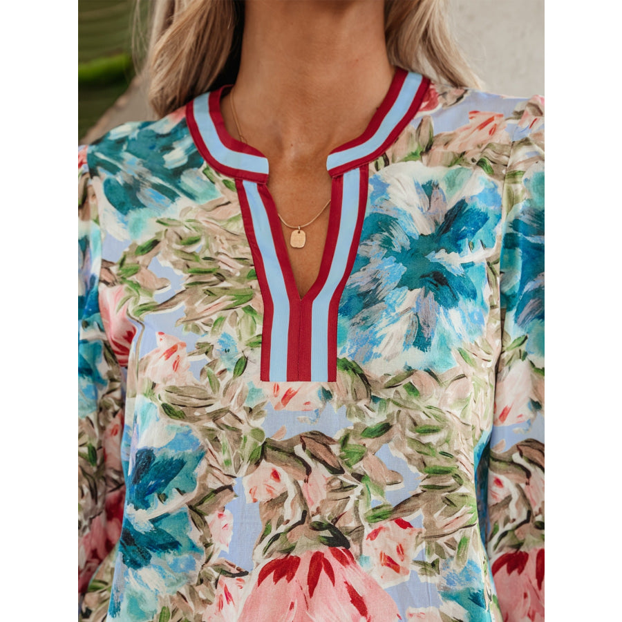 Contrast Trim V Neck Cuffed Bracelet Sleeve Floral Blouse Apparel and Accessories