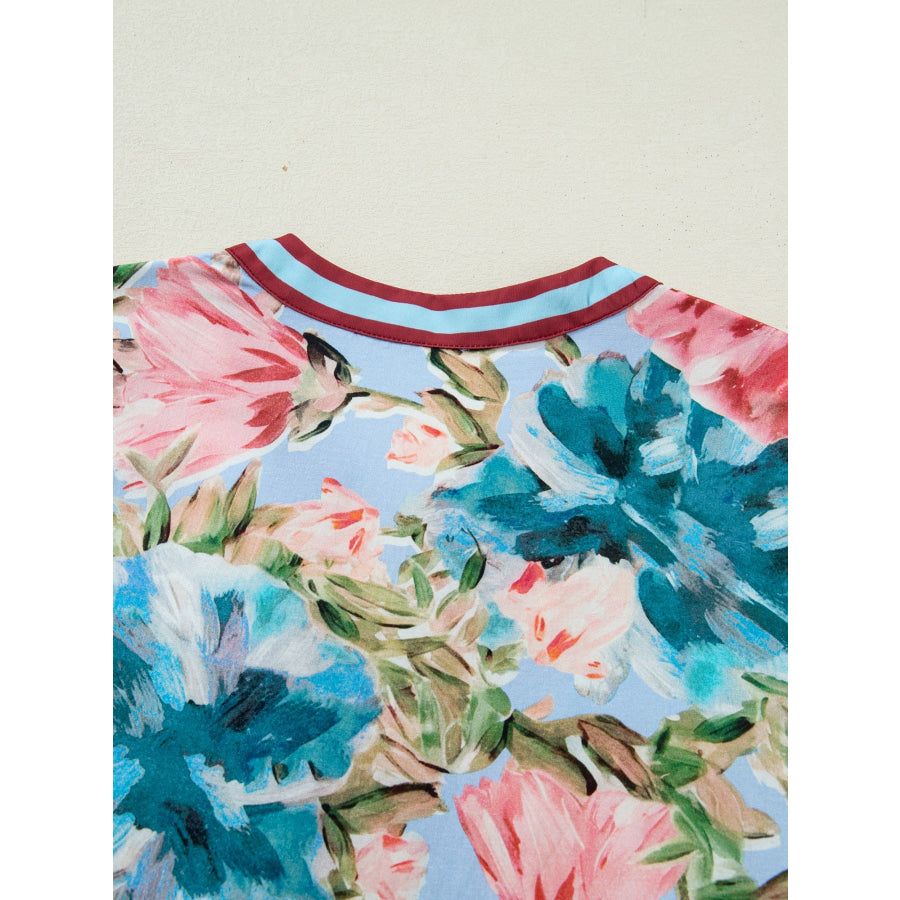 Contrast Trim V Neck Cuffed Bracelet Sleeve Floral Blouse Apparel and Accessories