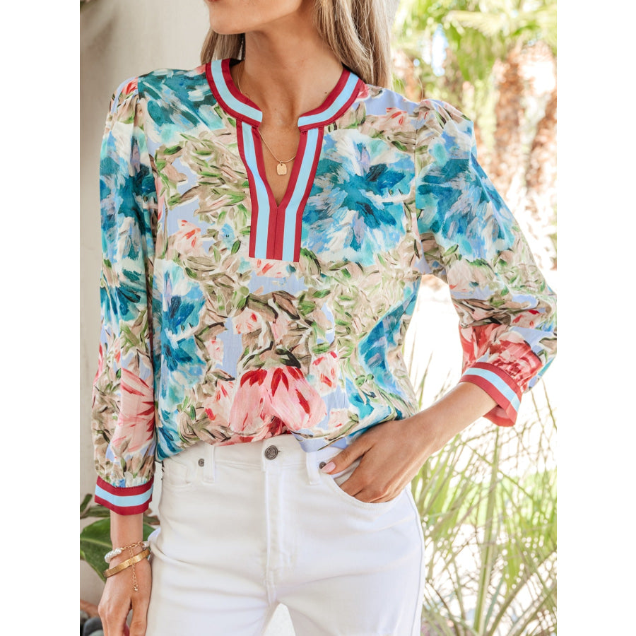 Contrast Trim V Neck Cuffed Bracelet Sleeve Floral Blouse Floral / S Apparel and Accessories