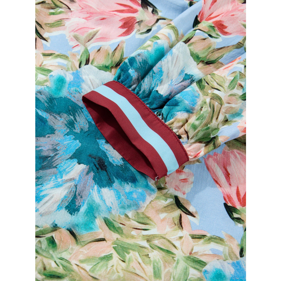 Contrast Trim V Neck Cuffed Bracelet Sleeve Floral Blouse Apparel and Accessories