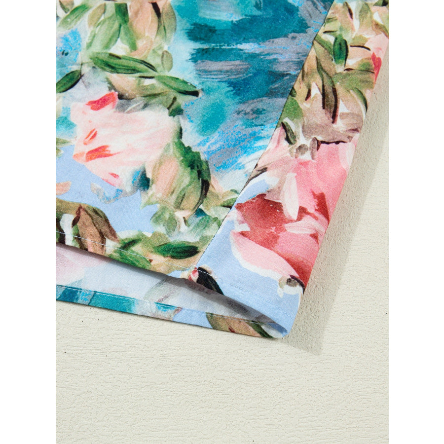Contrast Trim V Neck Cuffed Bracelet Sleeve Floral Blouse Apparel and Accessories