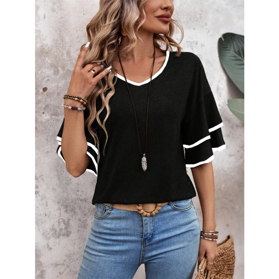 Contrast Trim V-Neck Half Sleeve Blouse Apparel and Accessories