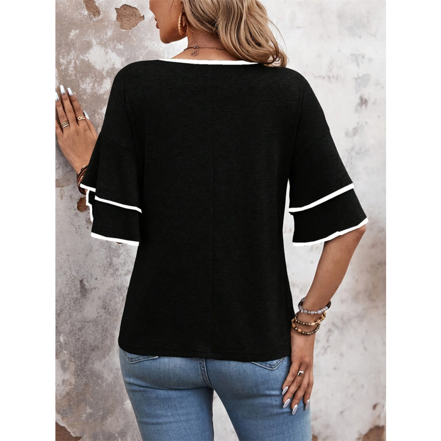 Contrast Trim V-Neck Half Sleeve Blouse Apparel and Accessories