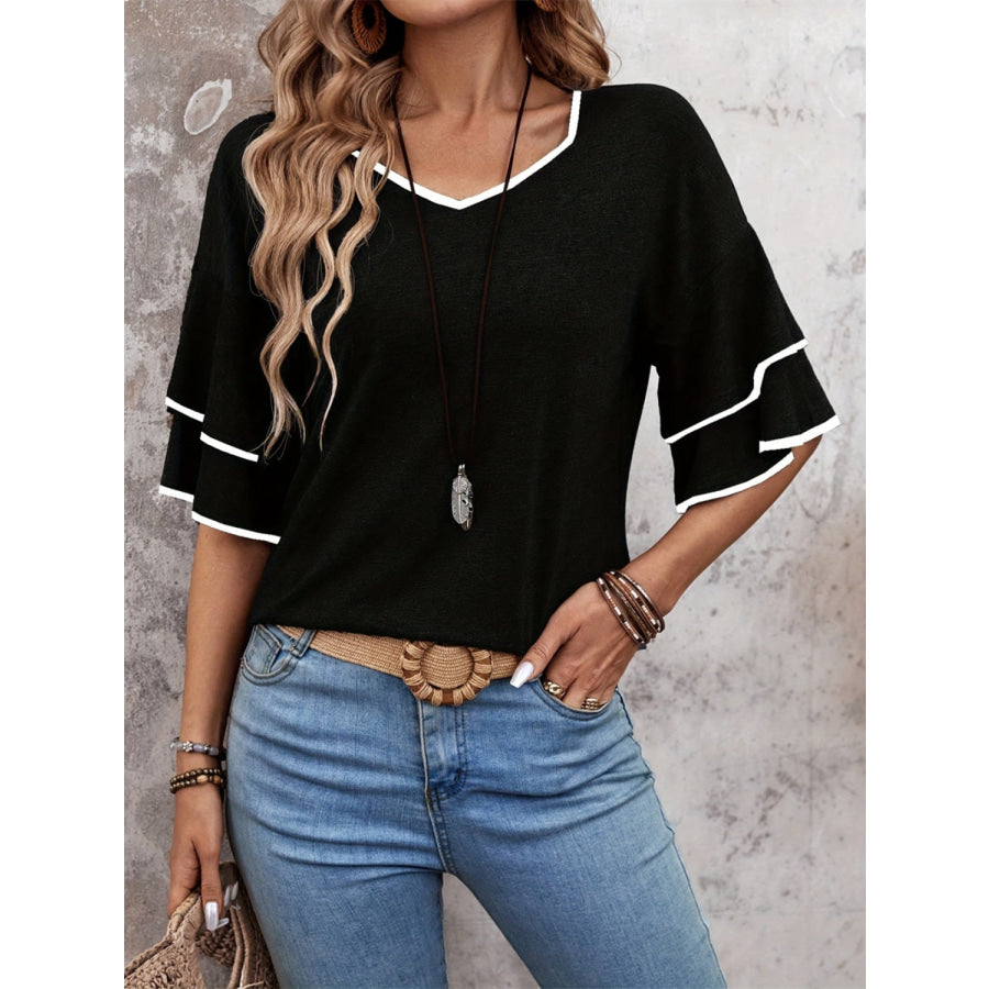 Contrast Trim V-Neck Half Sleeve Blouse Apparel and Accessories