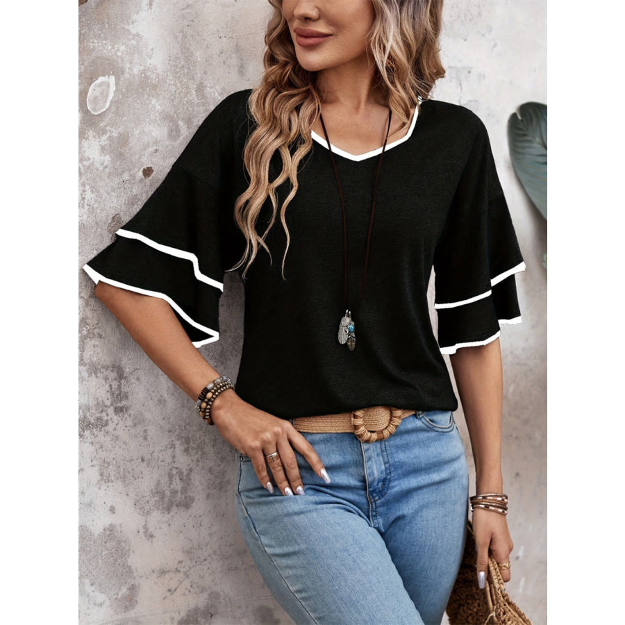 Contrast Trim V-Neck Half Sleeve Blouse Apparel and Accessories