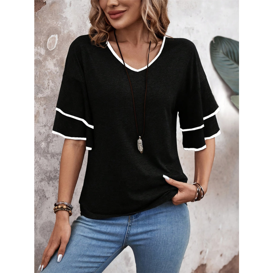 Contrast Trim V-Neck Half Sleeve Blouse Black / S Apparel and Accessories