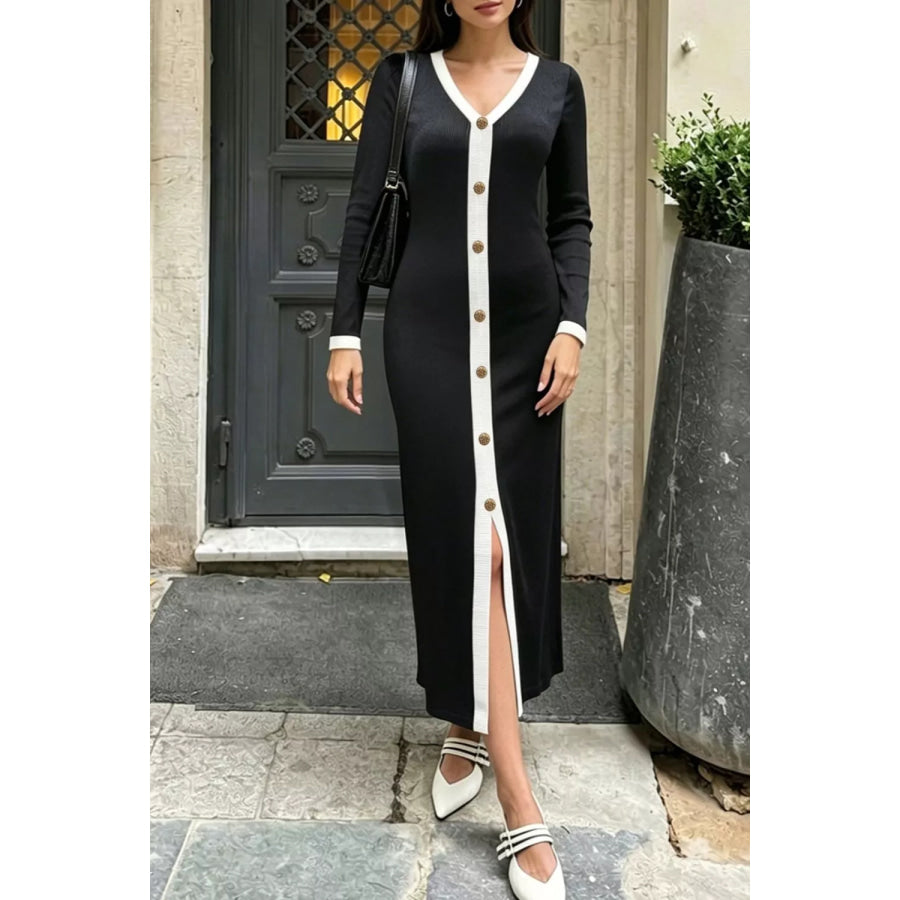 Contrast Trim V-Neck Knit Dress Apparel and Accessories