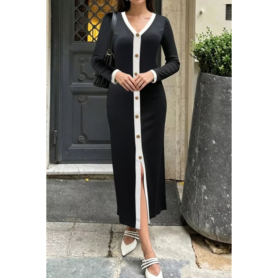 Contrast Trim V-Neck Knit Dress Apparel and Accessories