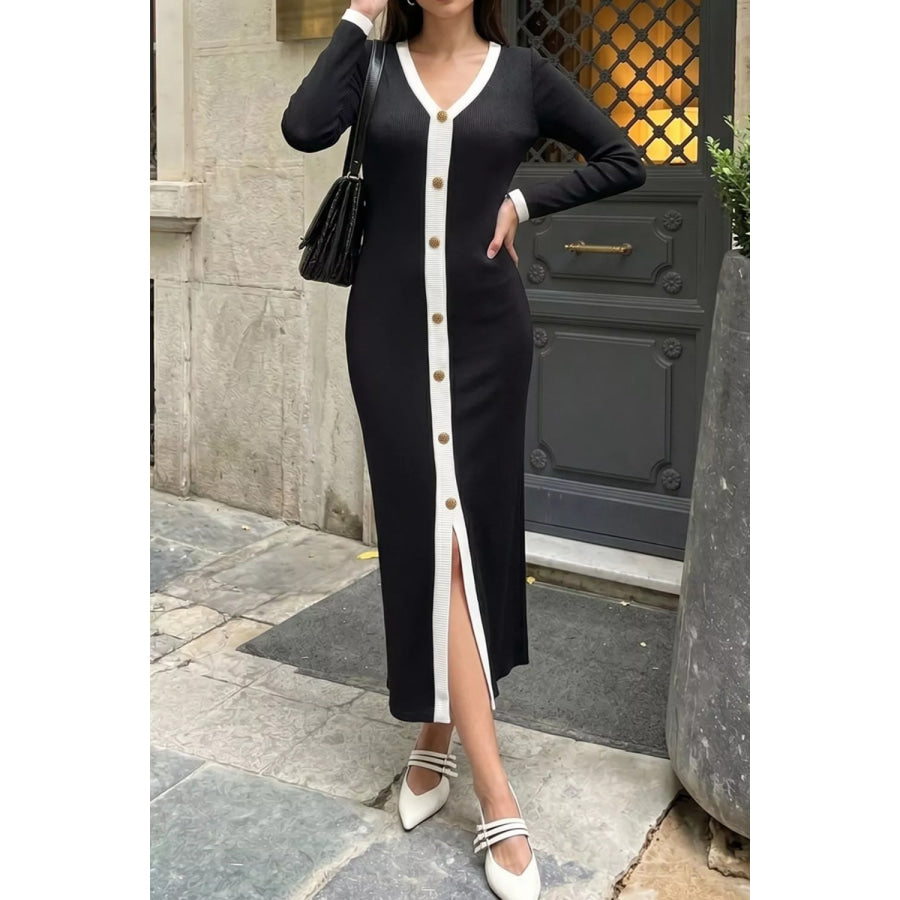 Contrast Trim V-Neck Knit Dress Apparel and Accessories