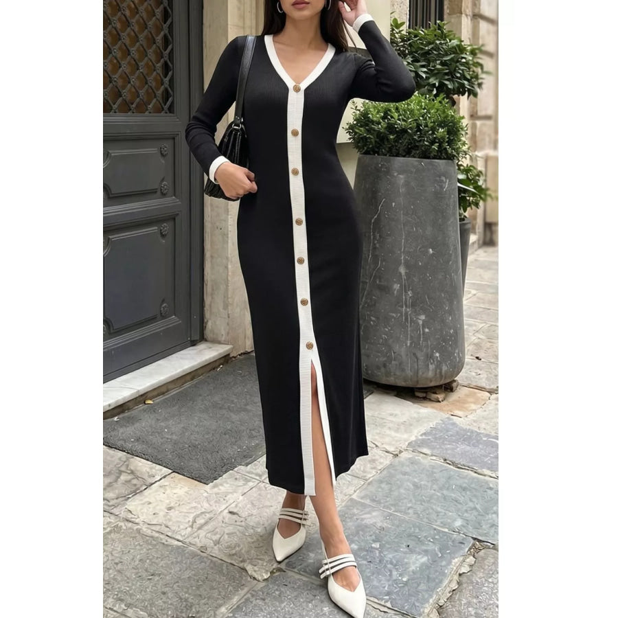 Contrast Trim V-Neck Knit Dress Black / S Apparel and Accessories