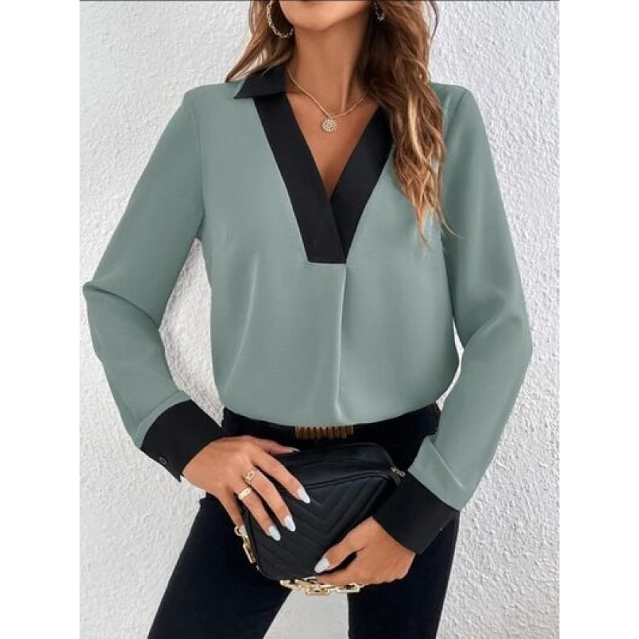 Contrast Trim V-Neck Long Sleeve Blouse Air Force Blue / S Clothing