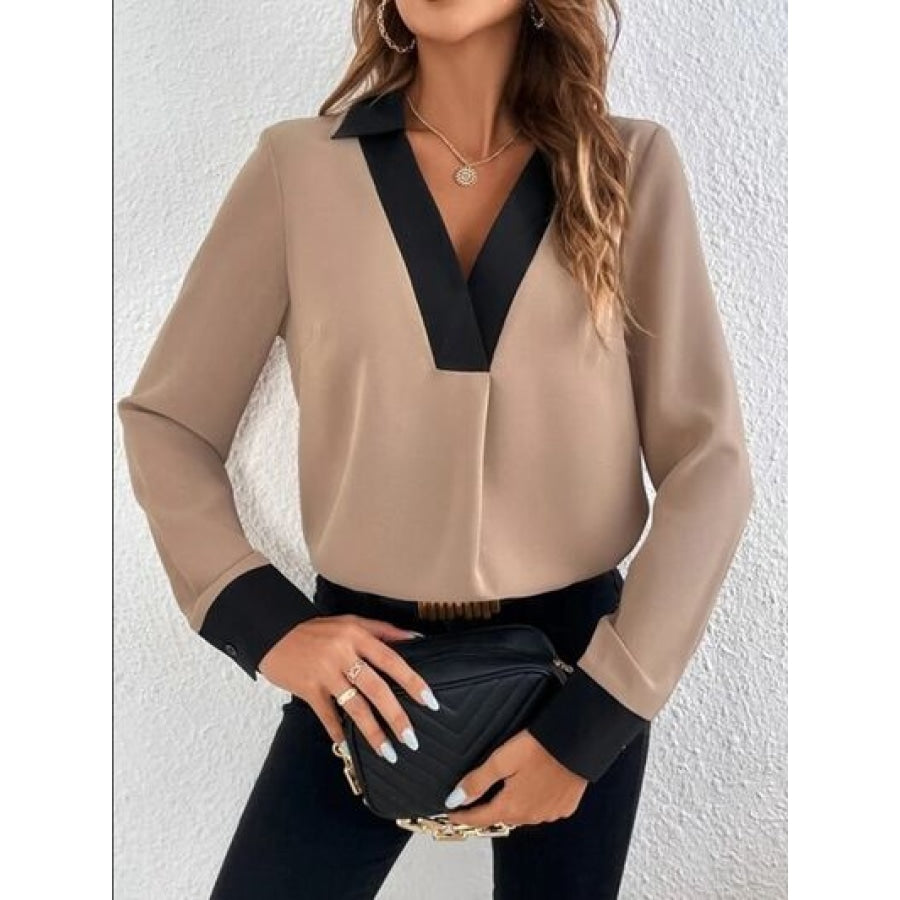 Contrast Trim V-Neck Long Sleeve Blouse Camel / S Clothing