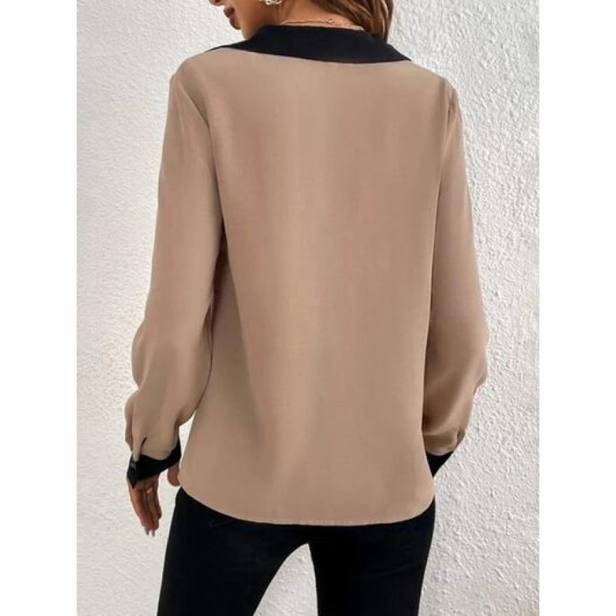 Contrast Trim V-Neck Long Sleeve Blouse Clothing