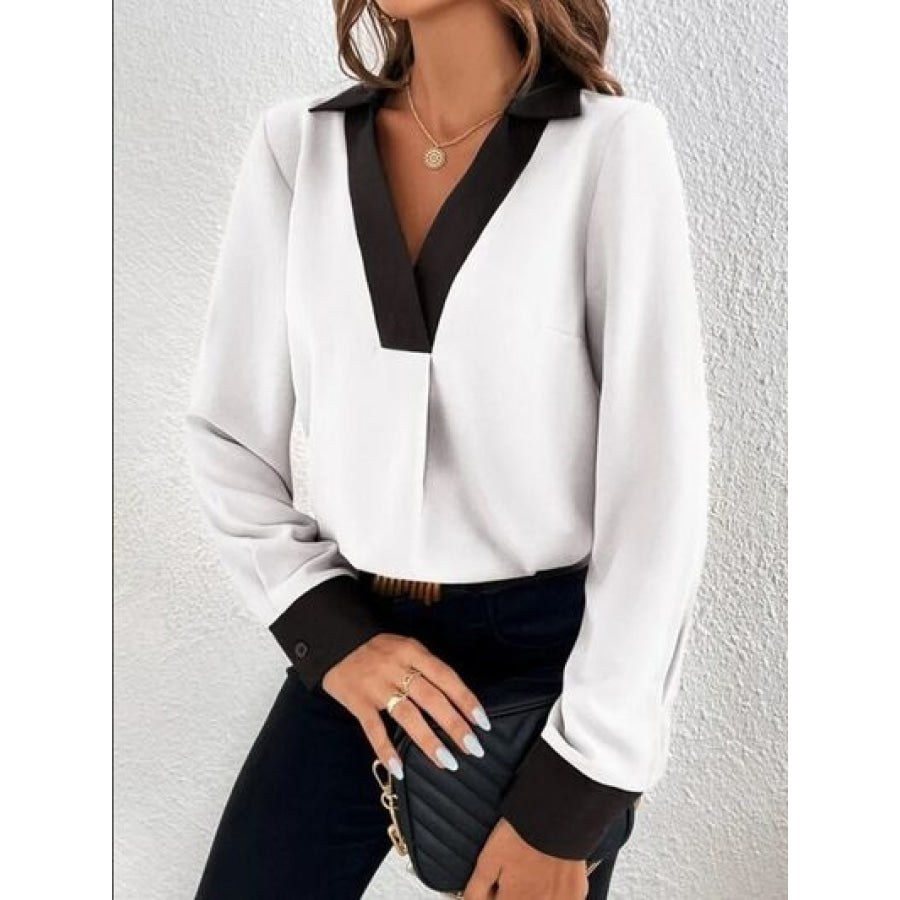 Contrast Trim V-Neck Long Sleeve Blouse Clothing