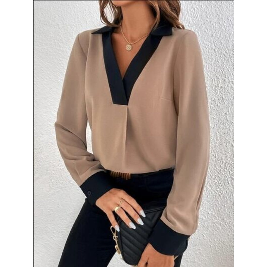 Contrast Trim V-Neck Long Sleeve Blouse Clothing