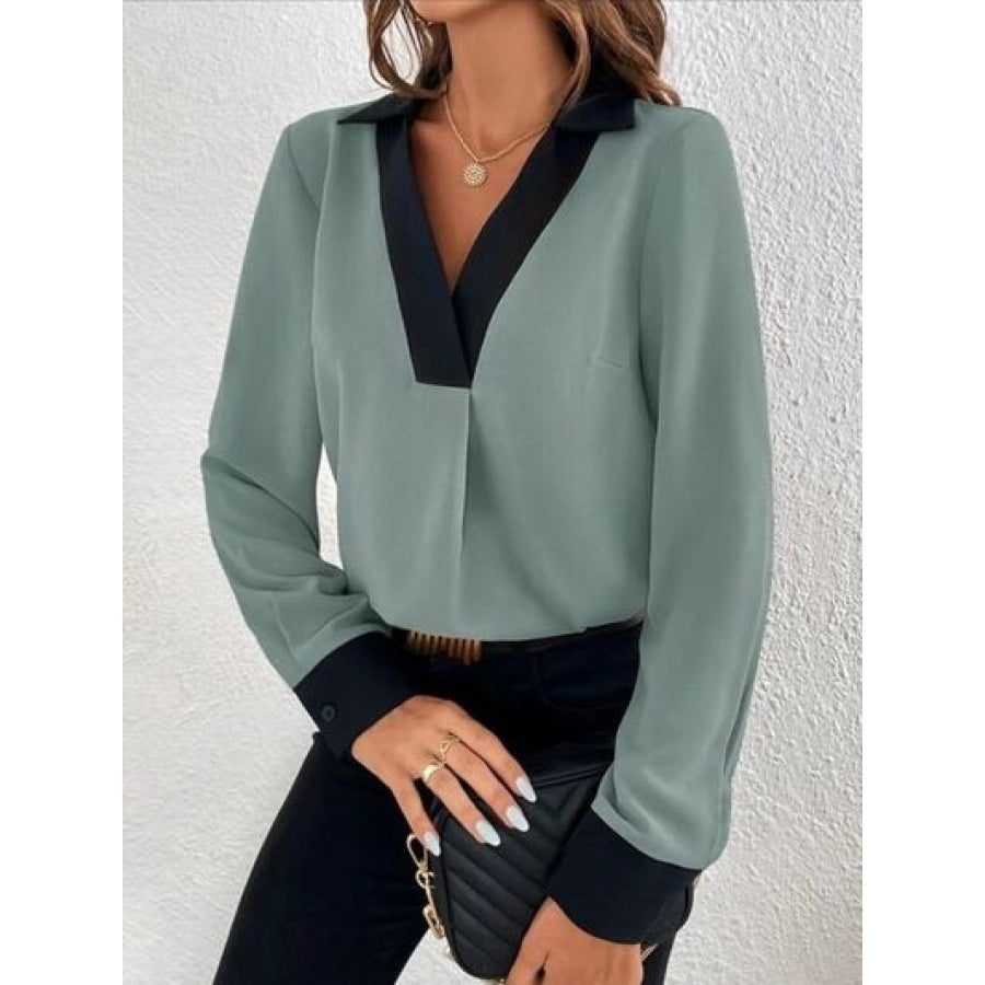 Contrast Trim V-Neck Long Sleeve Blouse Clothing