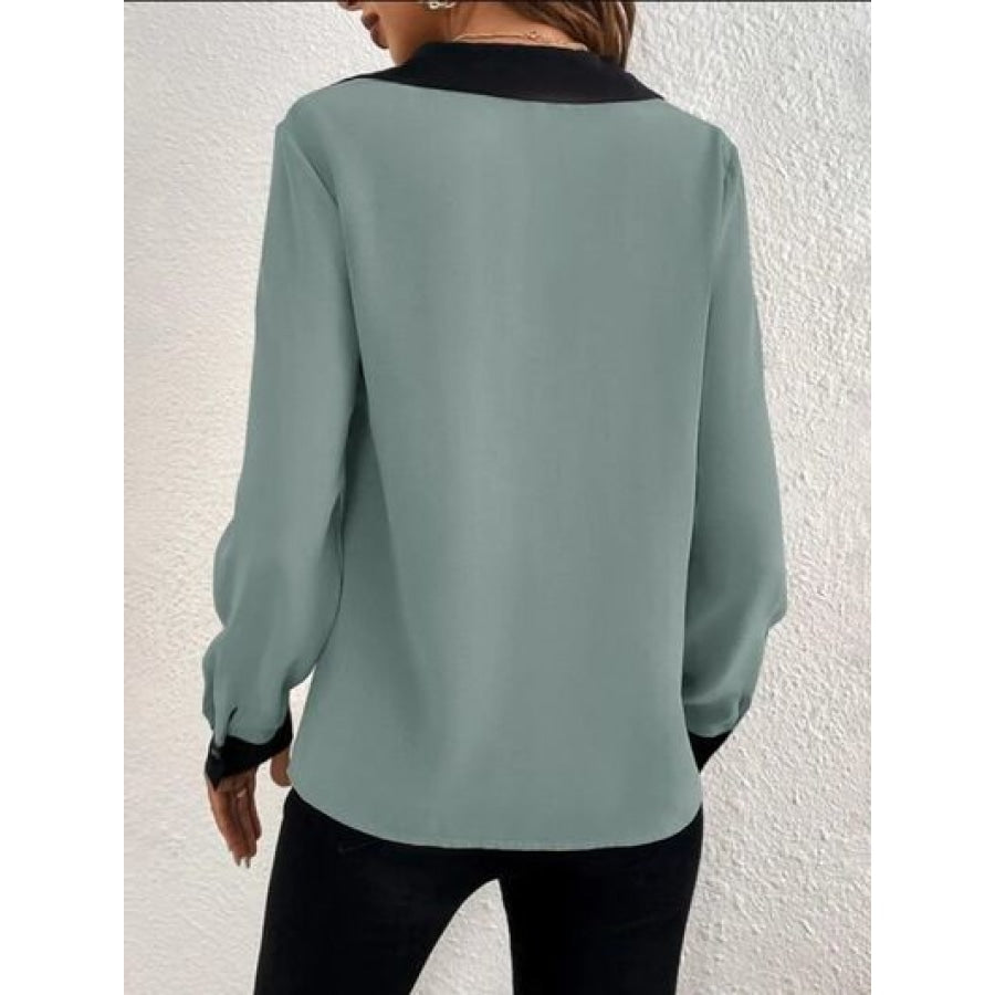 Contrast Trim V-Neck Long Sleeve Blouse Clothing