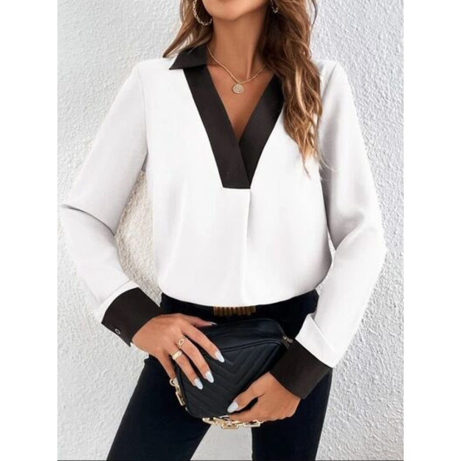 Contrast Trim V-Neck Long Sleeve Blouse White / S Clothing