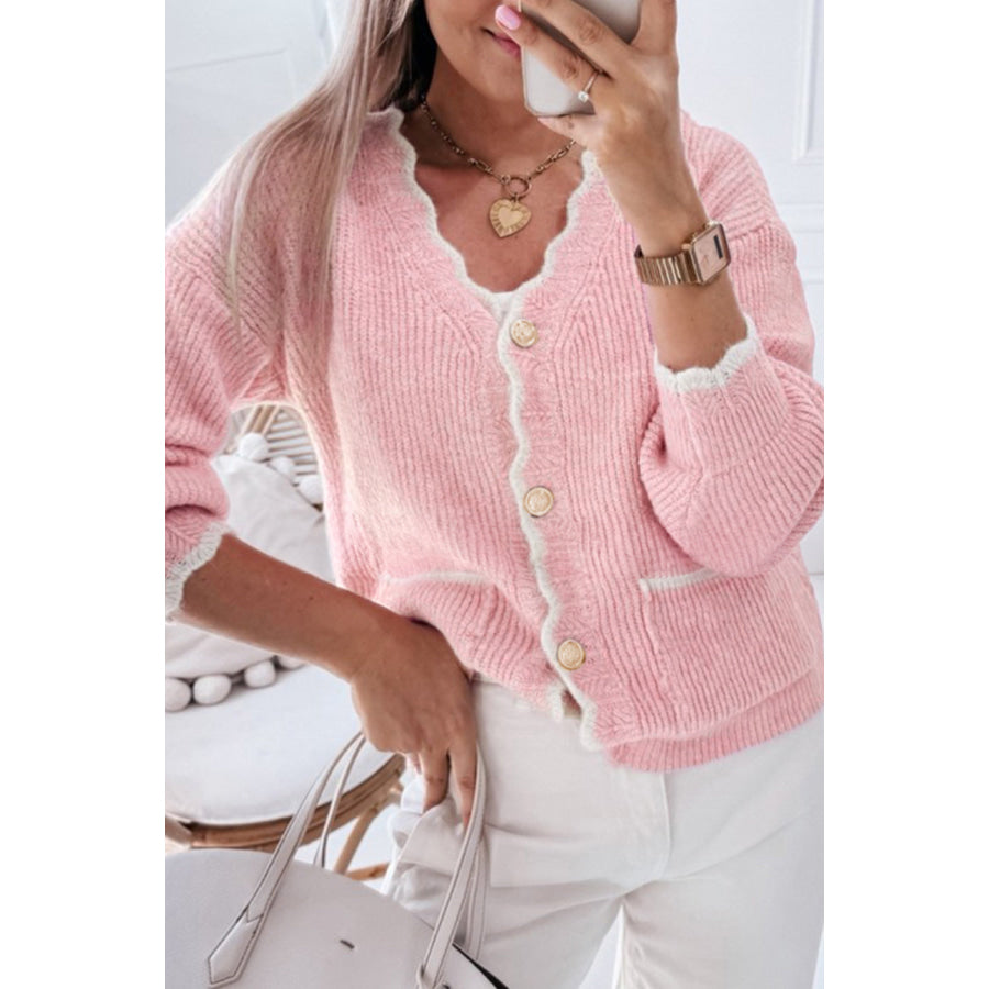 Contrast Trim V-Neck Long Sleeve Cardigan Blush Pink / S Apparel and Accessories