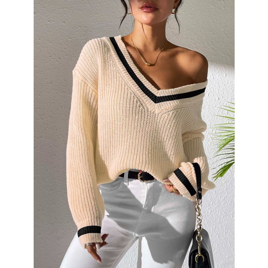 Contrast Trim V-Neck Long Sleeve Sweater Apparel and Accessories