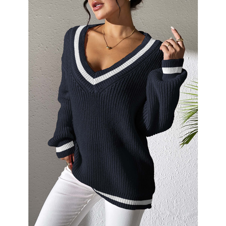 Contrast Trim V-Neck Long Sleeve Sweater Apparel and Accessories