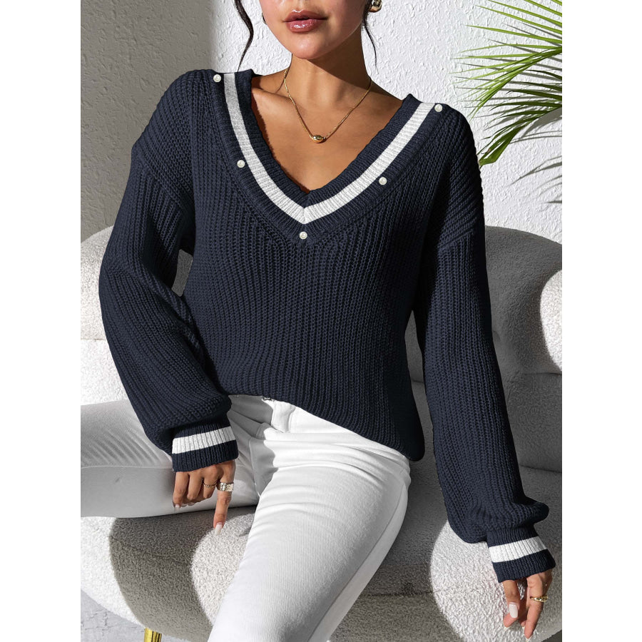 Contrast Trim V-Neck Long Sleeve Sweater Apparel and Accessories