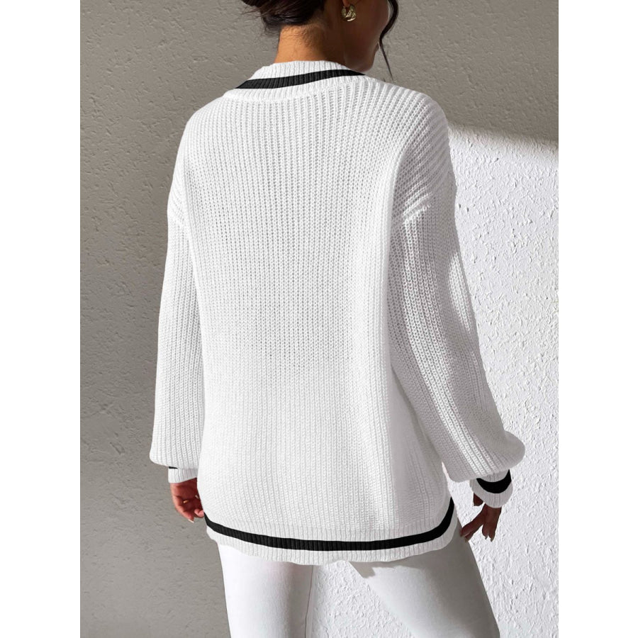 Contrast Trim V-Neck Long Sleeve Sweater Apparel and Accessories