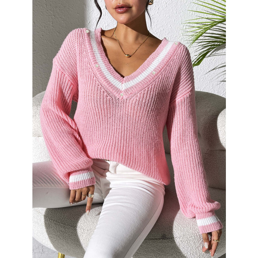 Contrast Trim V-Neck Long Sleeve Sweater Apparel and Accessories