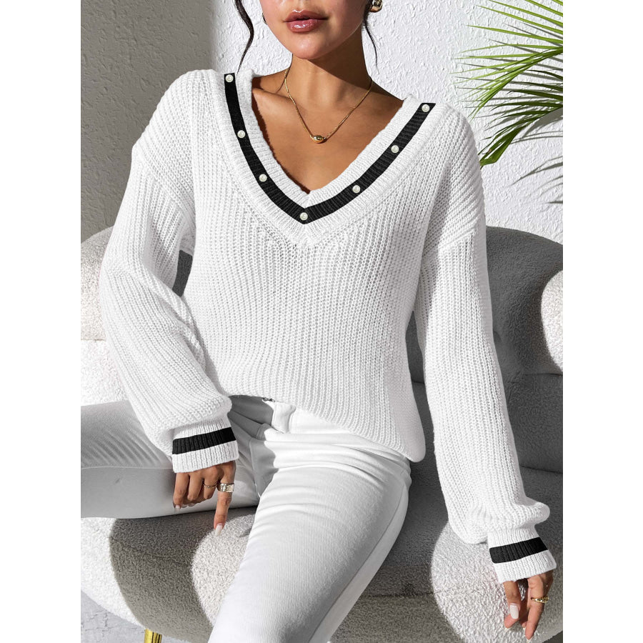 Contrast Trim V-Neck Long Sleeve Sweater Apparel and Accessories