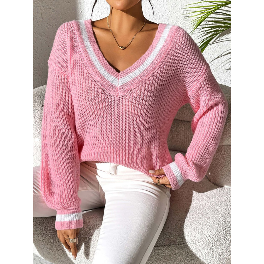 Contrast Trim V-Neck Long Sleeve Sweater Apparel and Accessories