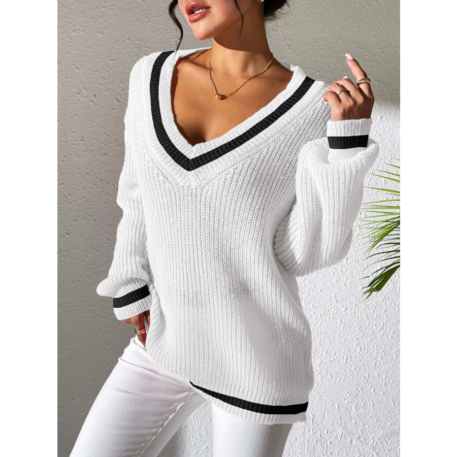 Contrast Trim V-Neck Long Sleeve Sweater Apparel and Accessories