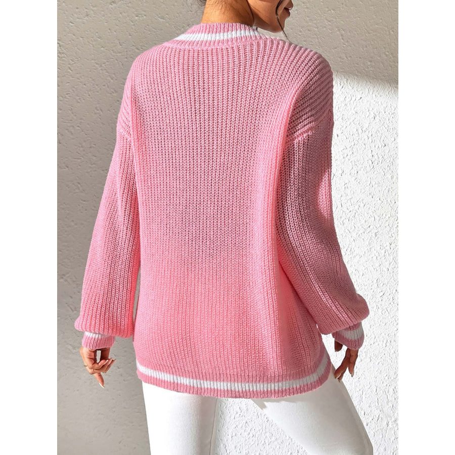 Contrast Trim V-Neck Long Sleeve Sweater Dusty Pink / S Apparel and Accessories