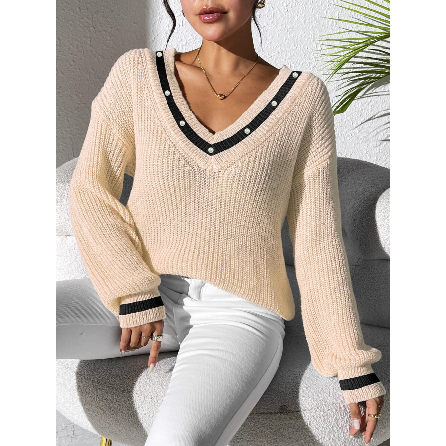 Contrast Trim V-Neck Long Sleeve Sweater Apparel and Accessories