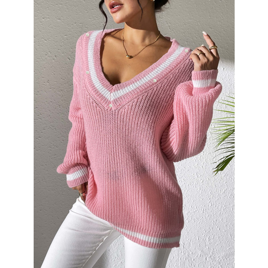 Contrast Trim V-Neck Long Sleeve Sweater Dusty Pink / S Apparel and Accessories